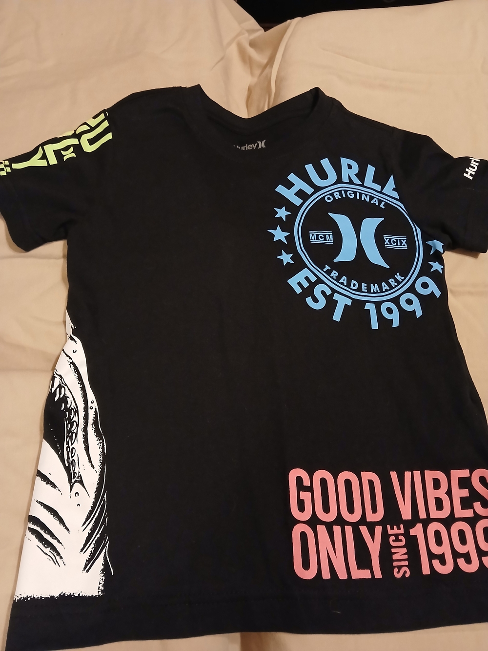 Hurley Black Tee with Blue Logo and Pink 'Good Vibes Only' Print